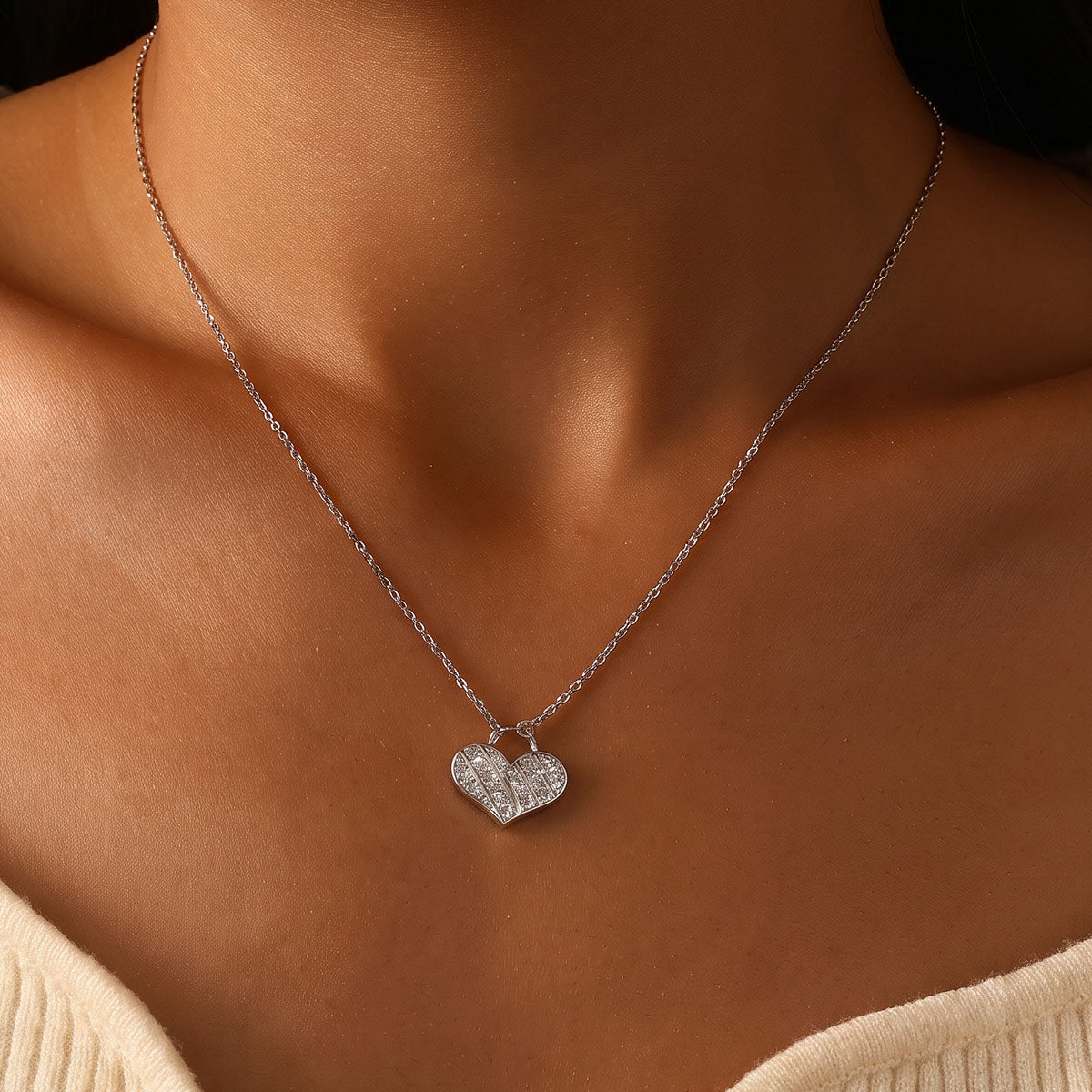 Mixed Cut Heart Lock Moissanite Pendant Necklace - Silver