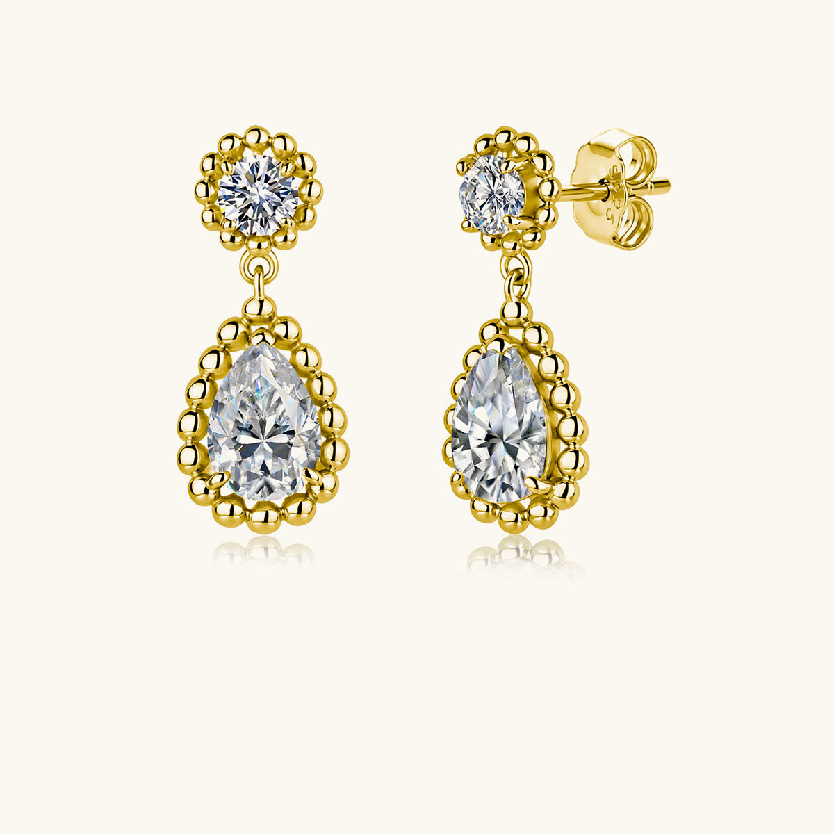 Mixed Cut Moissanite Beaded Halo Drop Earrings - Gold