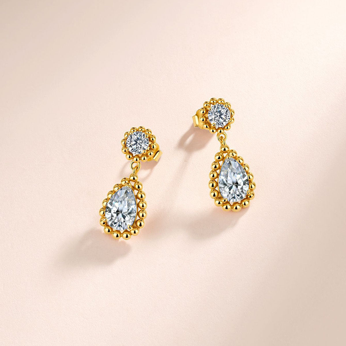 Mixed Cut Moissanite Beaded Halo Drop Earrings - Gold