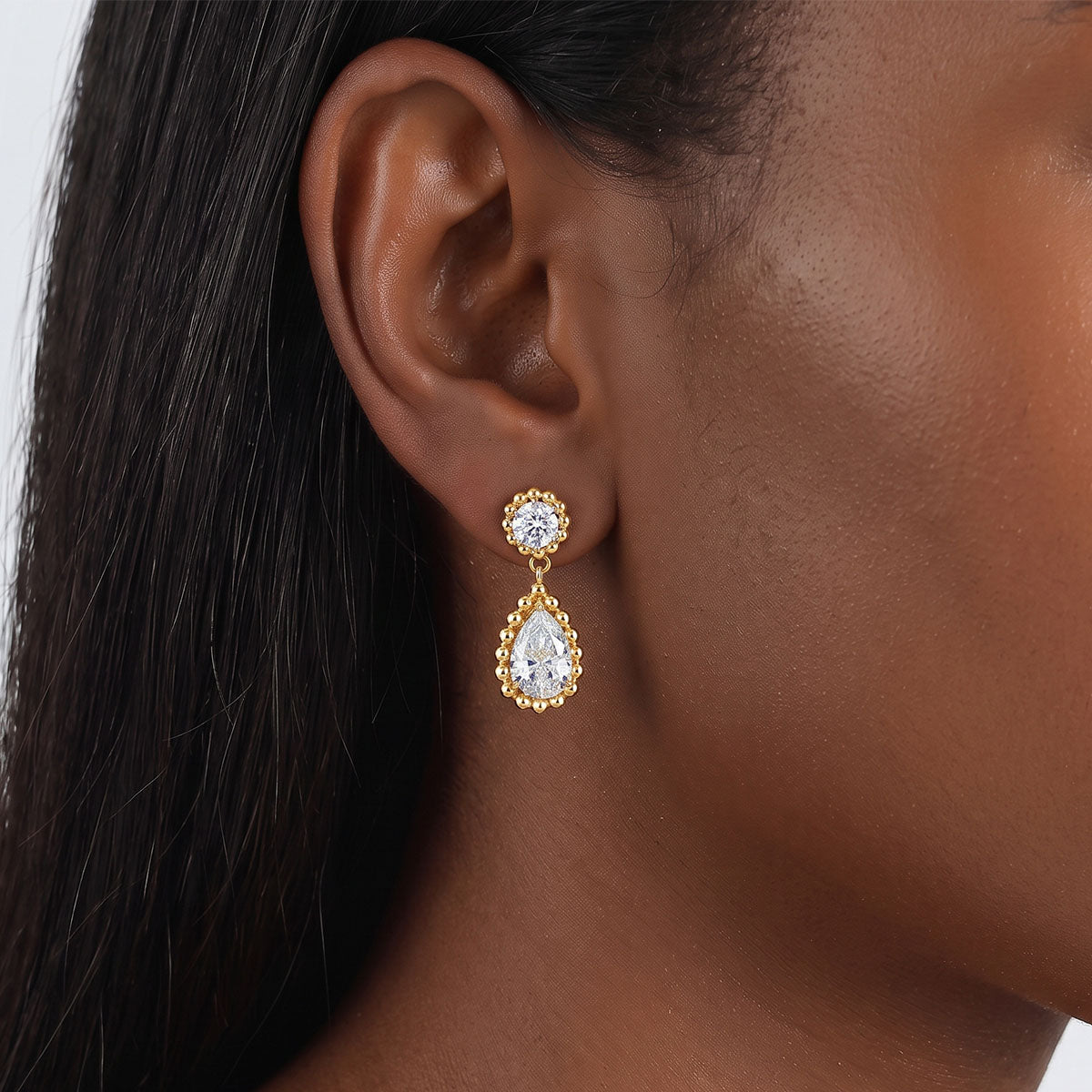 Mixed Cut Moissanite Beaded Halo Drop Earrings - Gold