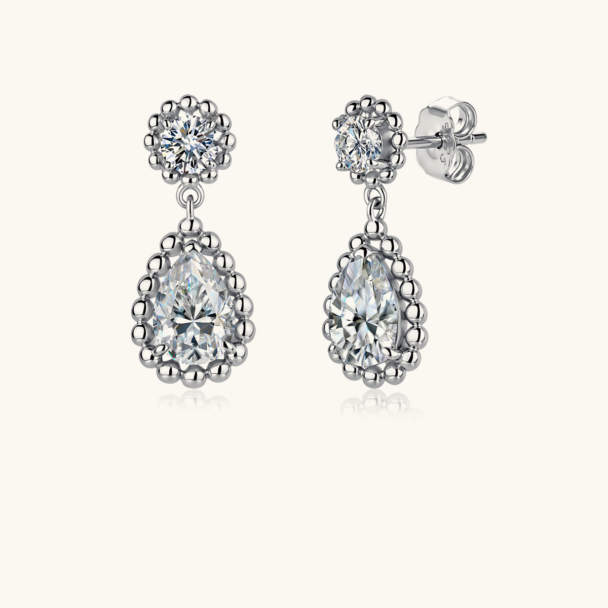 Mixed Cut Moissanite Beaded Halo Drop Earrings - Silver