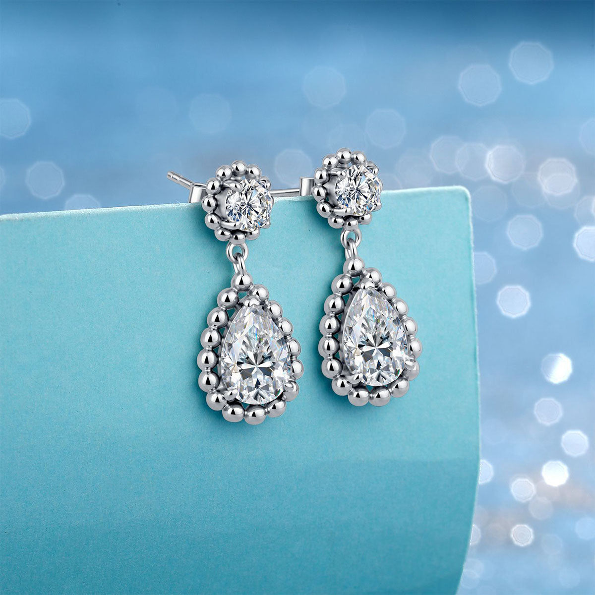 Mixed Cut Moissanite Beaded Halo Drop Earrings - Silver
