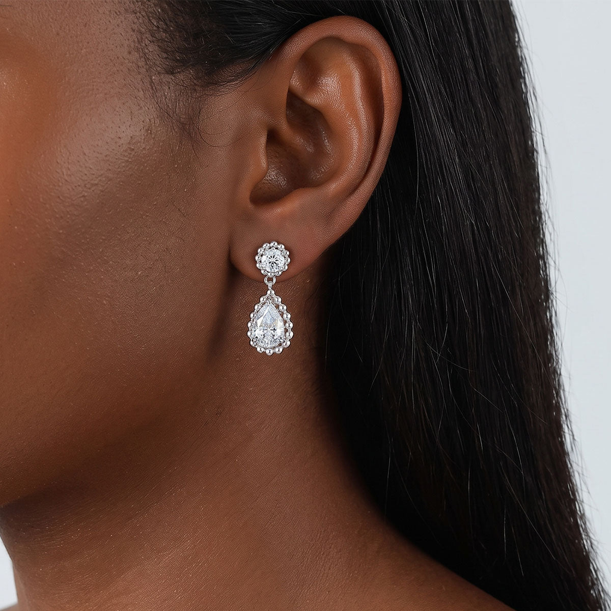 Mixed Cut Moissanite Beaded Halo Drop Earrings - Silver