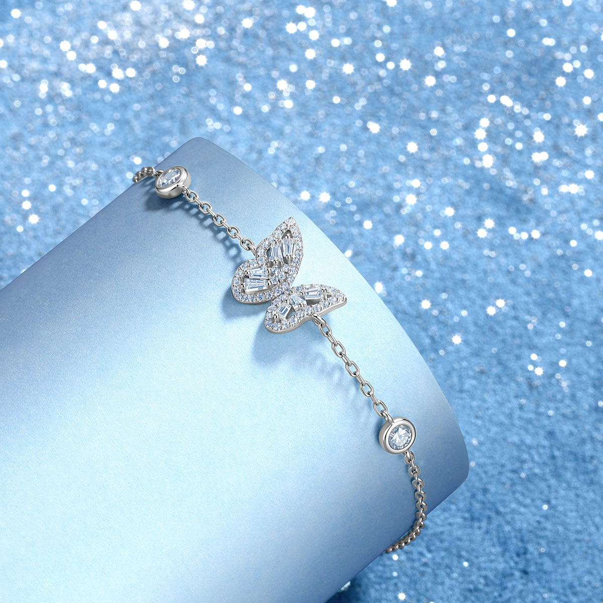 Mixed Cut Moissanite Butterfly Station Bracelet - Silver