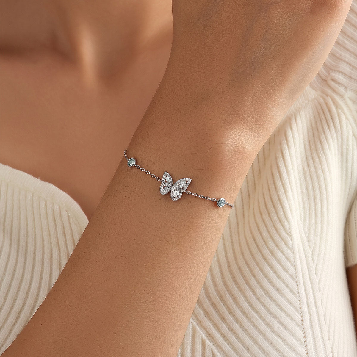 Mixed Cut Moissanite Butterfly Station Bracelet - Silver