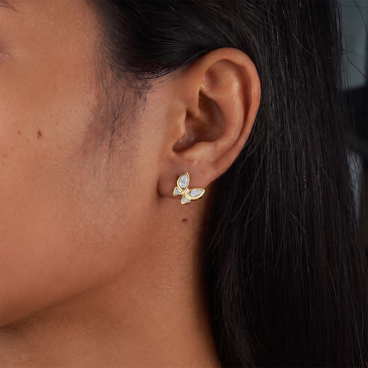 Mixed Cut Moissanite Butterfly Stud Earrings - Gold