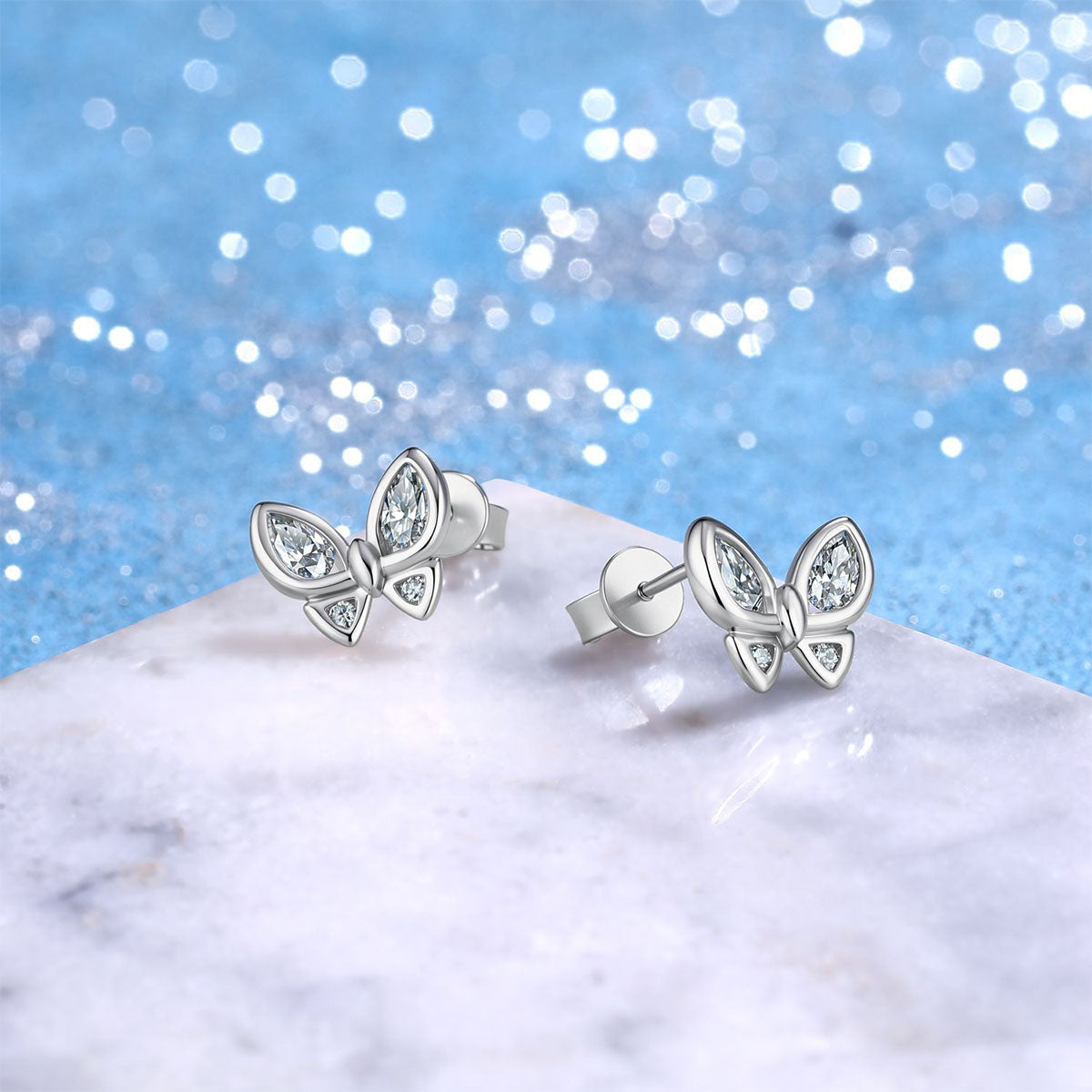 Mixed Cut Moissanite Butterfly Stud Earrings - Silver