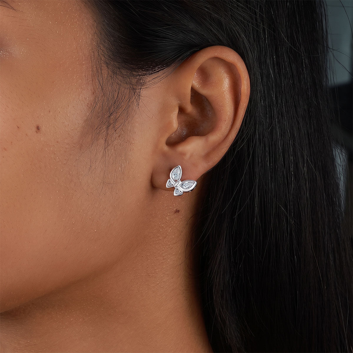 Mixed Cut Moissanite Butterfly Stud Earrings - Silver