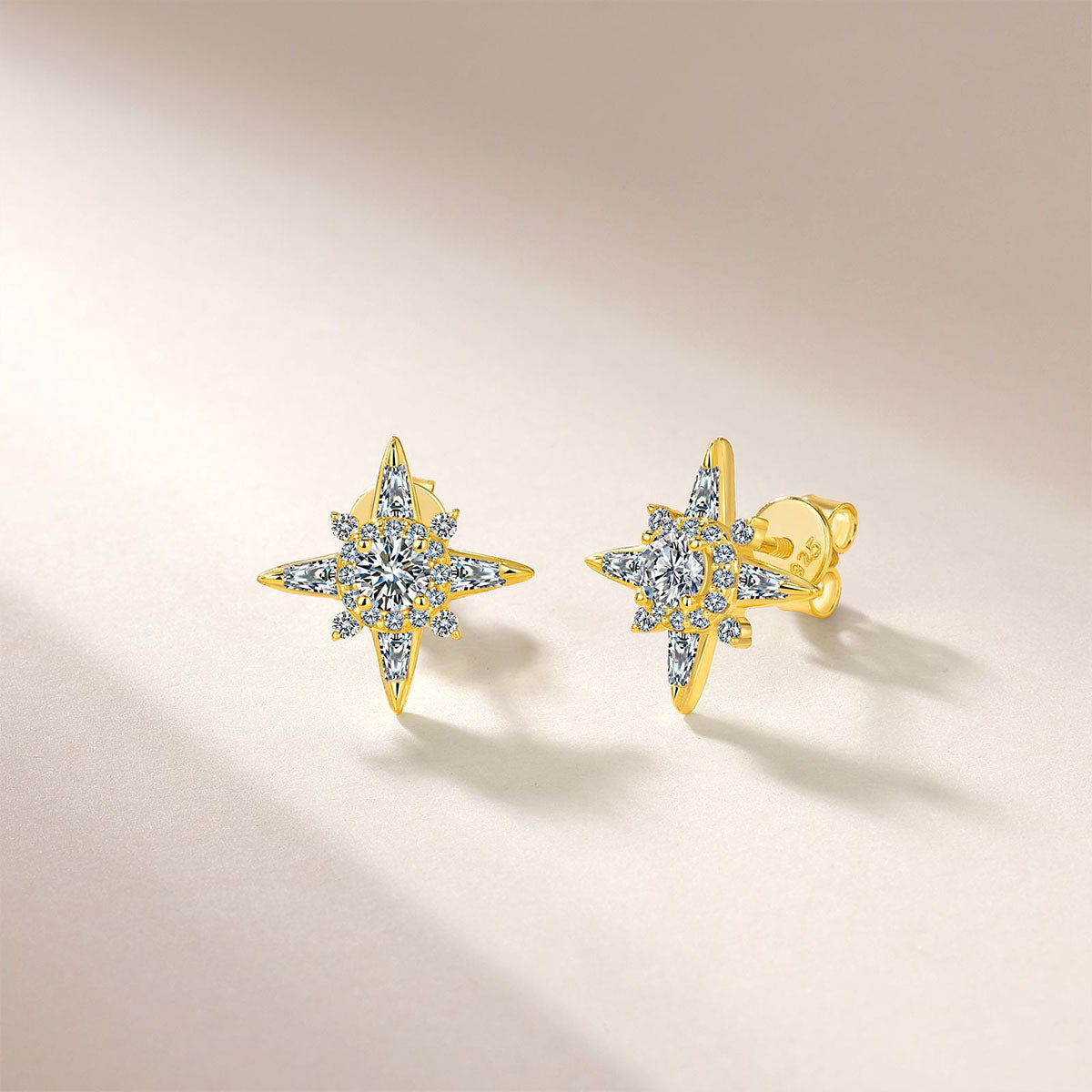 Mixed Cut Moissanite North Star Stud Earrings - Gold