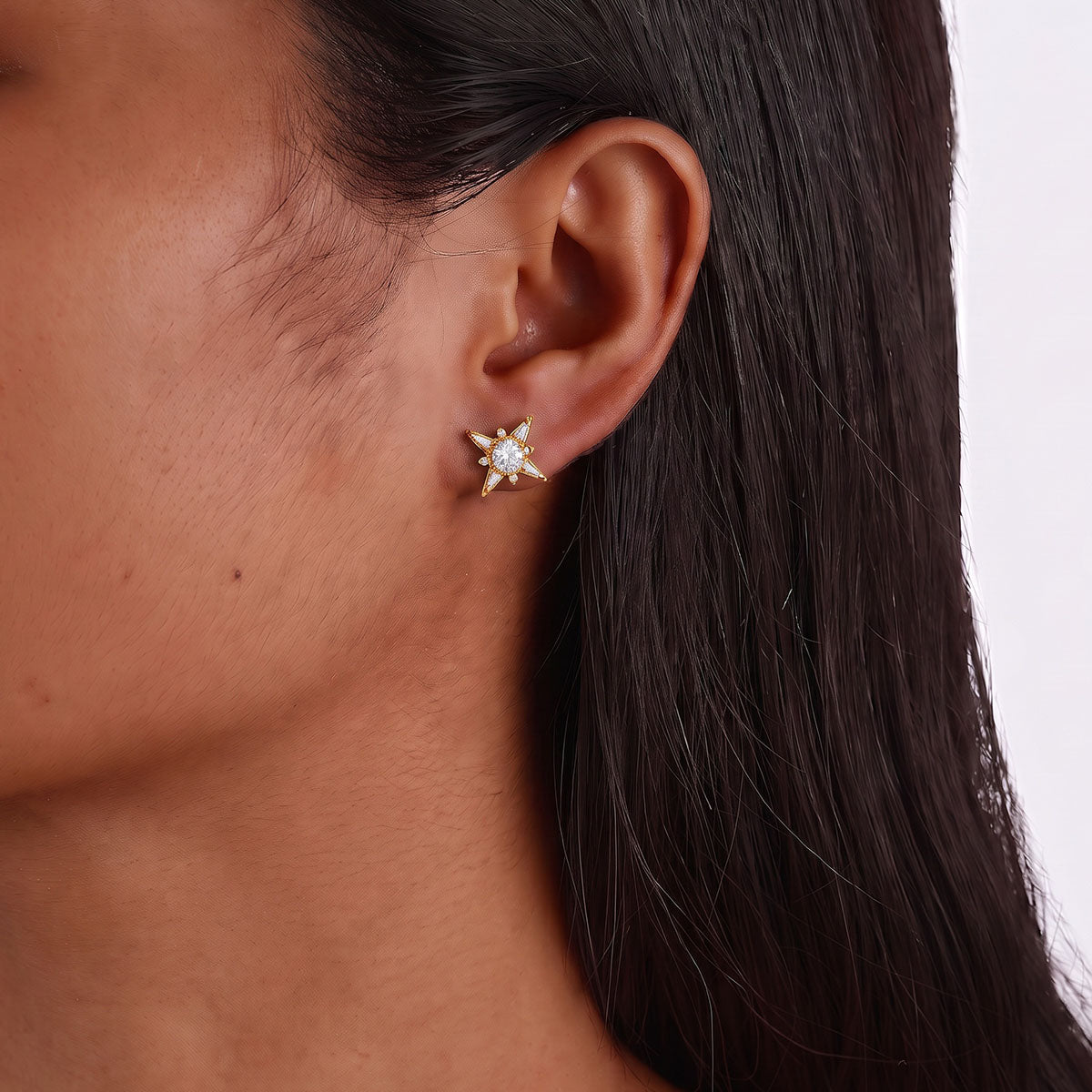 Mixed Cut Moissanite North Star Stud Earrings - Gold