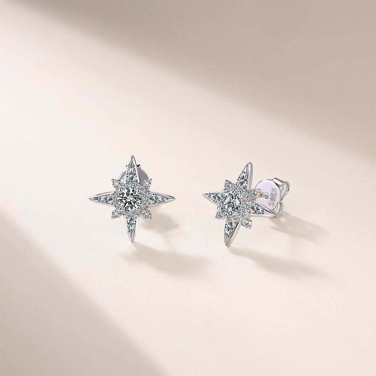 Mixed Cut Moissanite North Star Stud Earrings - Silver