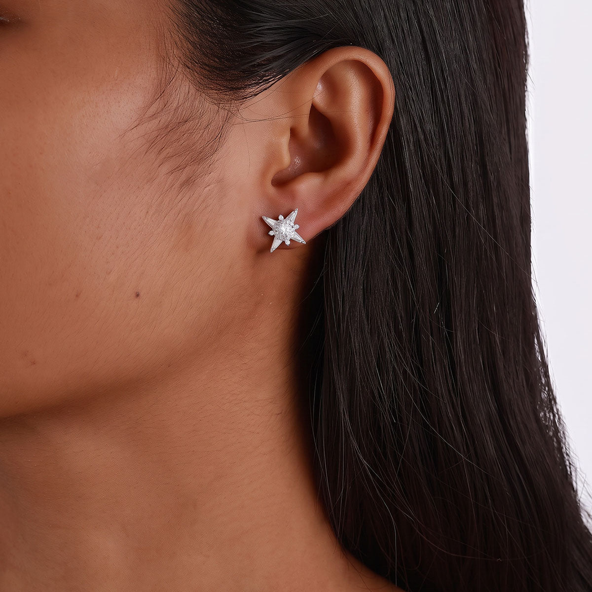 Mixed Cut Moissanite North Star Stud Earrings - Silver