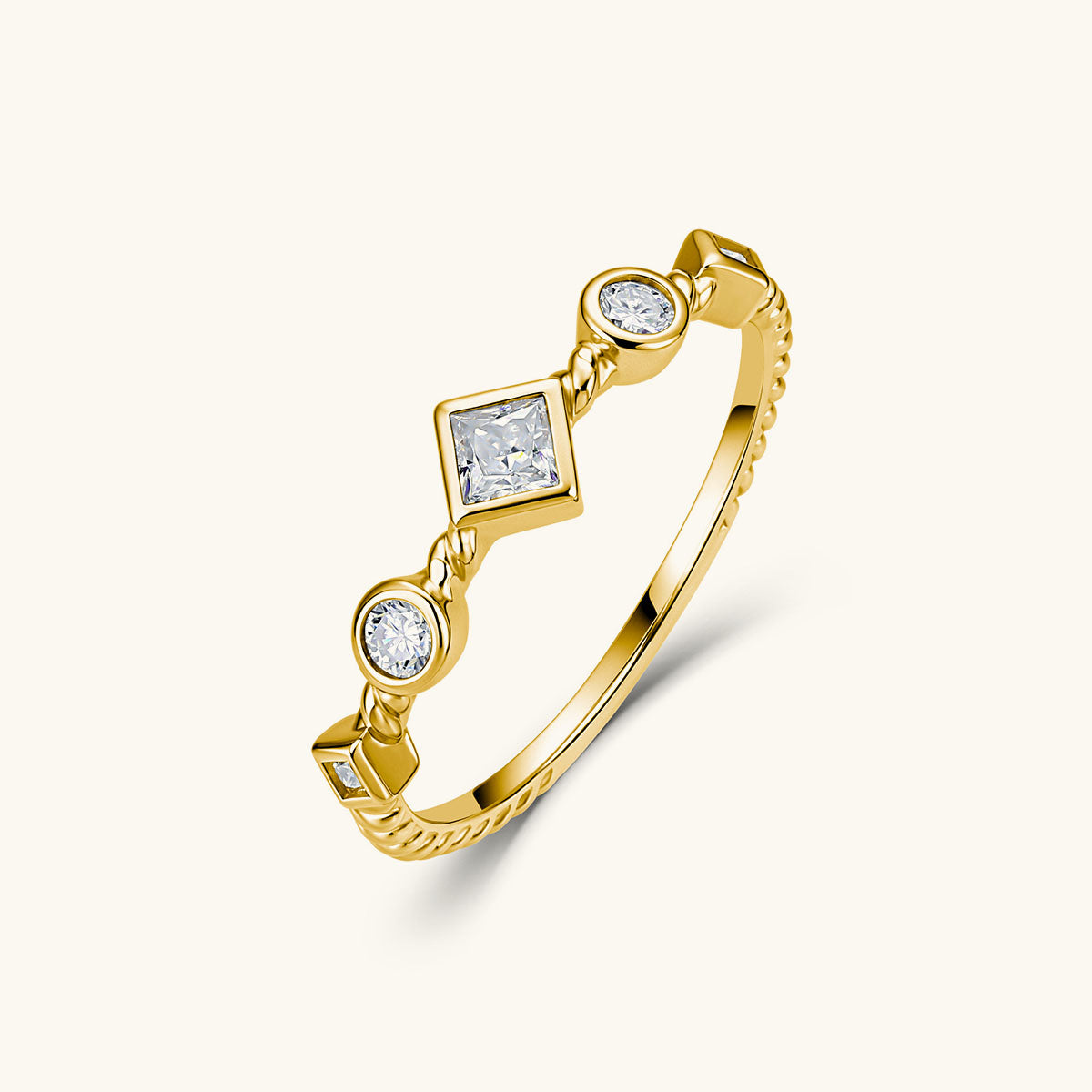 Mixed Cut Moissanite Station Twisted Rope Ring - Gold