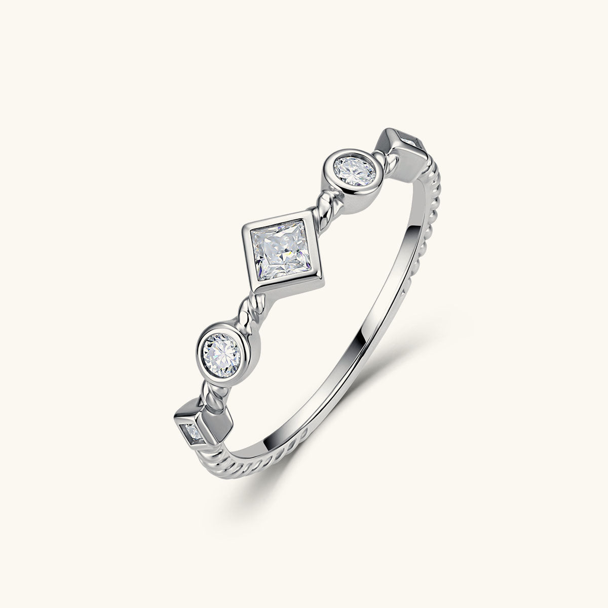 Mixed Cut Moissanite Station Twisted Rope Ring - Silver