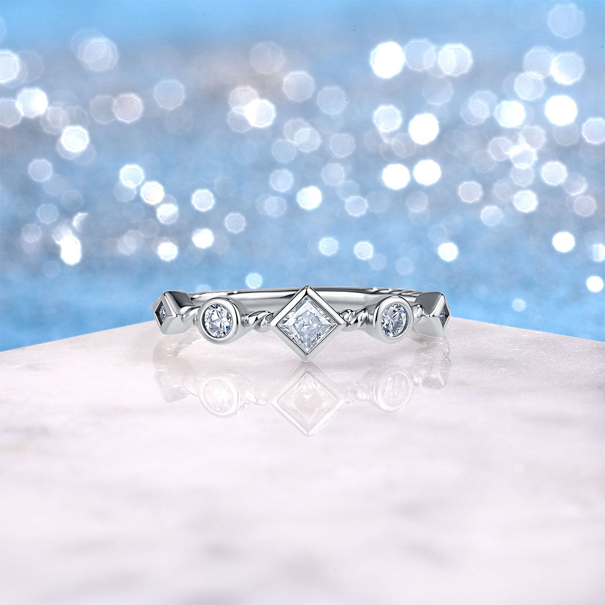 Mixed Cut Moissanite Station Twisted Rope Ring - Silver