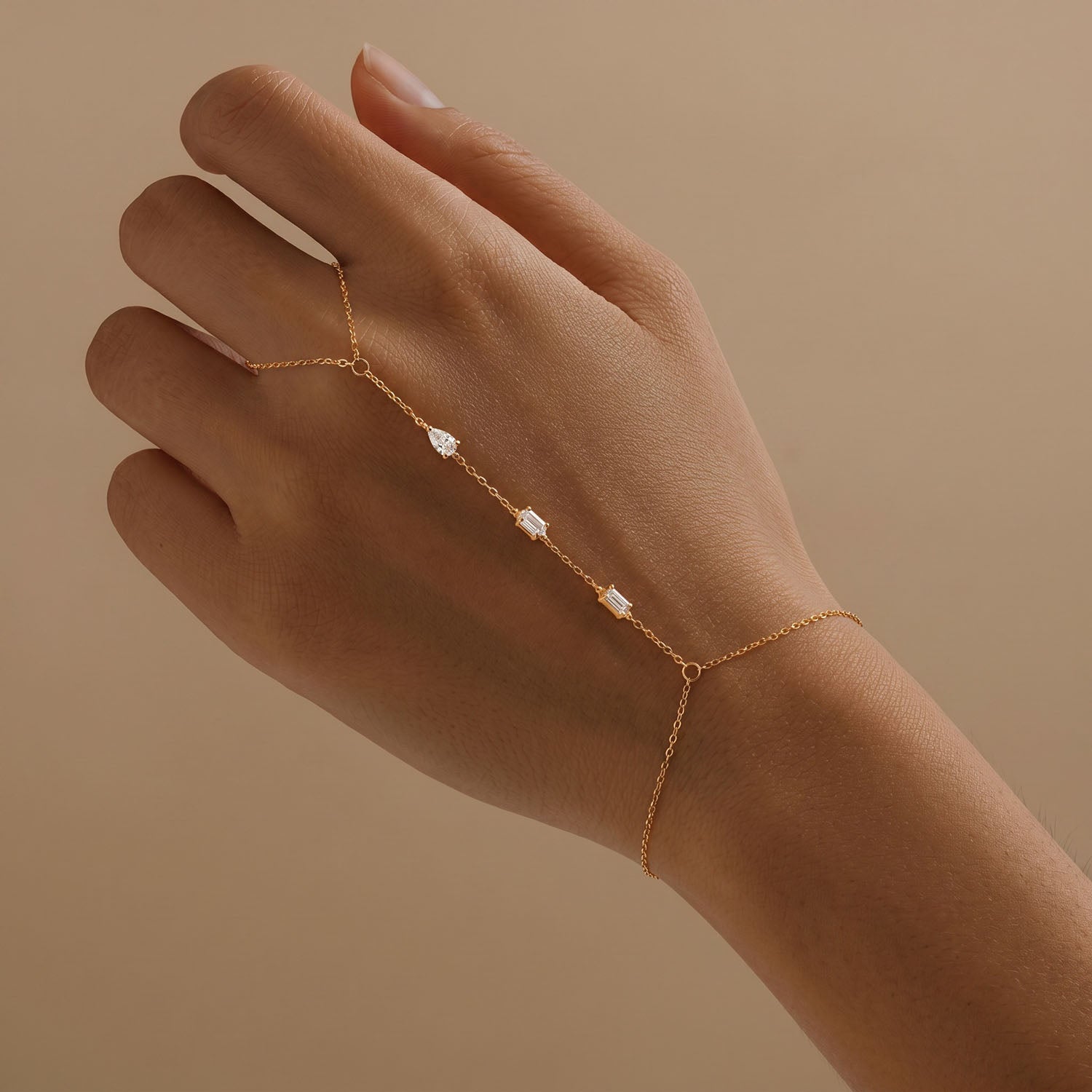 Mixed Three Stone Hand Chain Bracelet - Gold