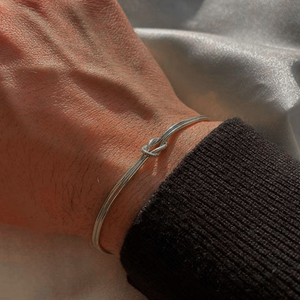 Modern Knot Herringbone Layered Bracelet - Silver