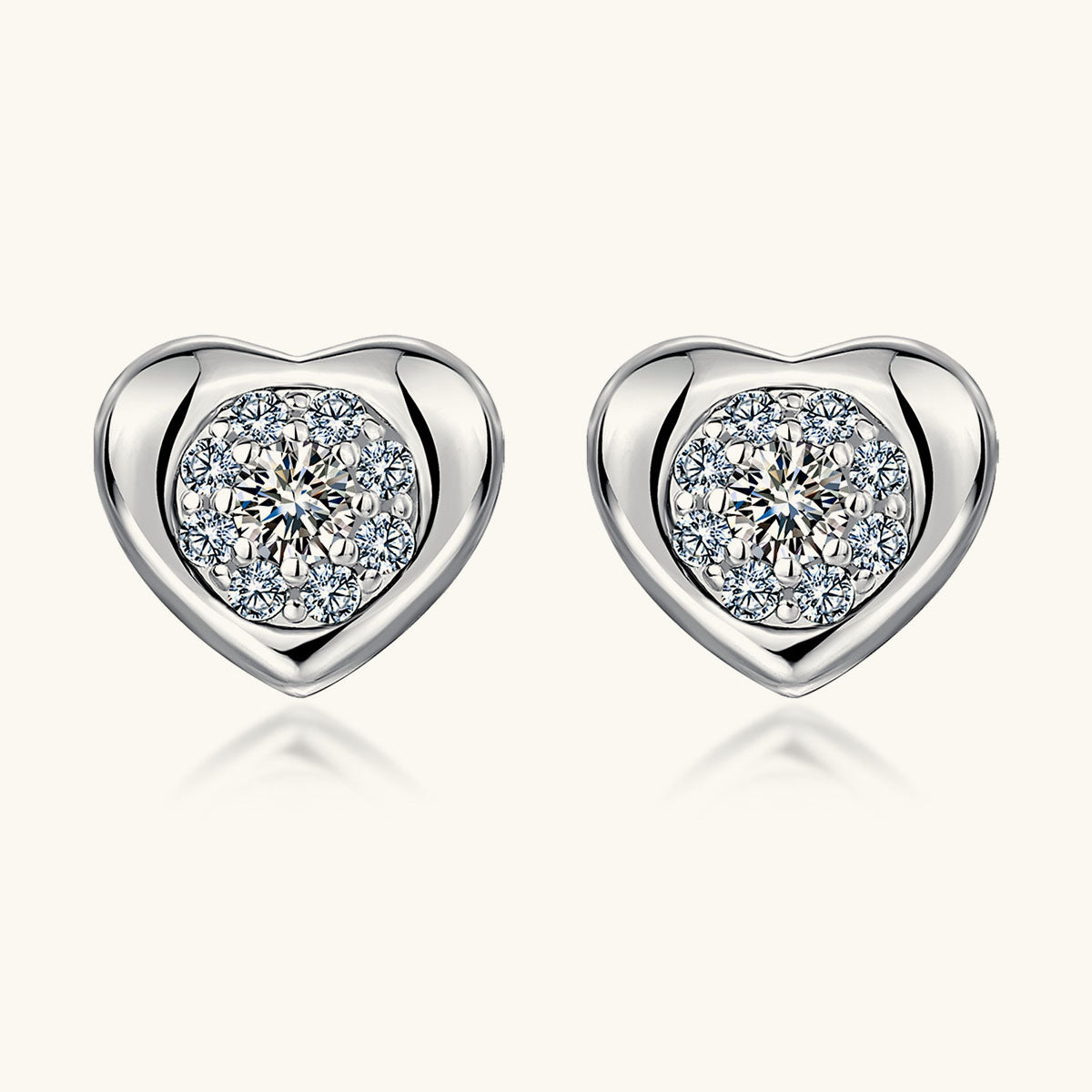 Modern Moissanite Halo Heart Stud Earrings - Silver