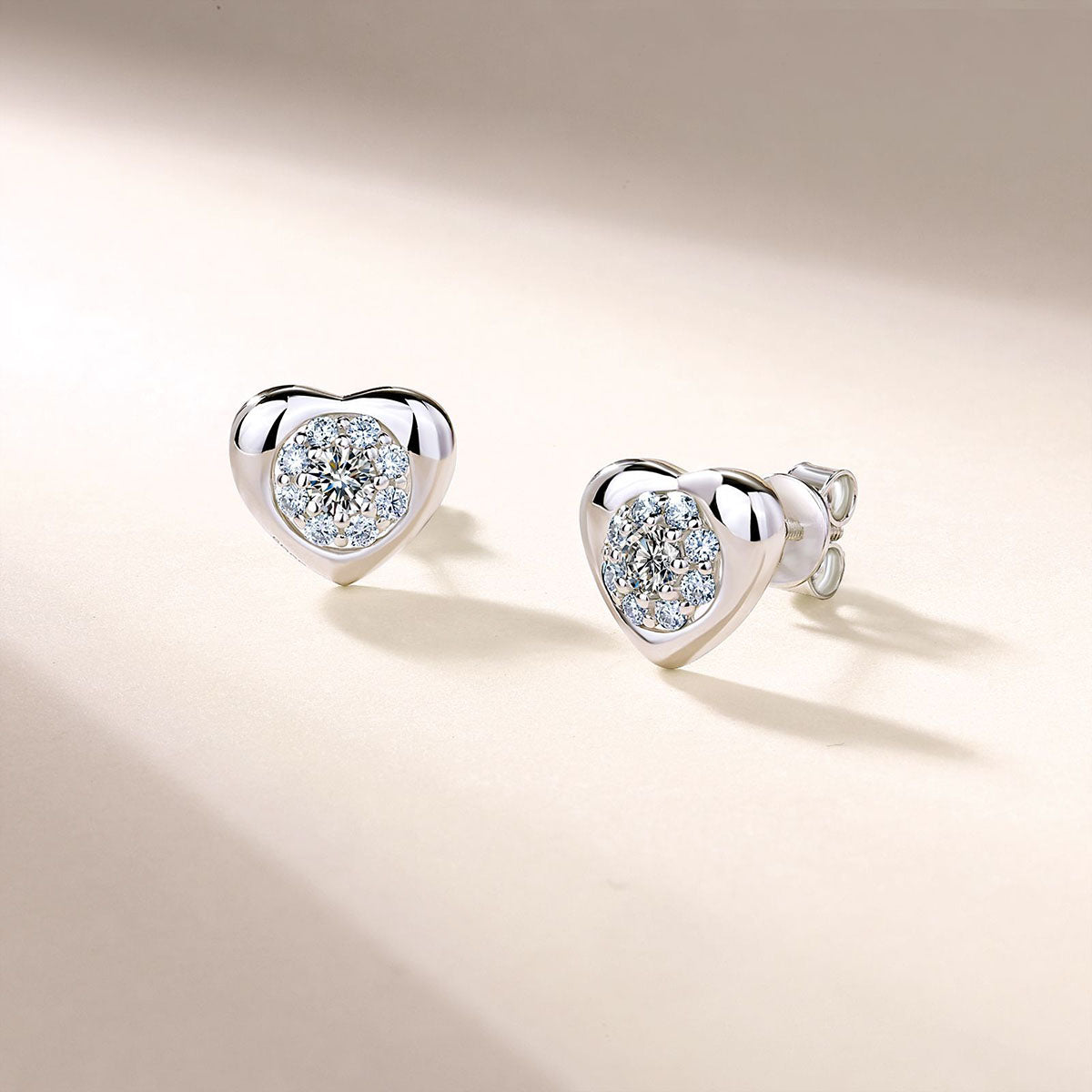 Modern Moissanite Halo Heart Stud Earrings - Silver