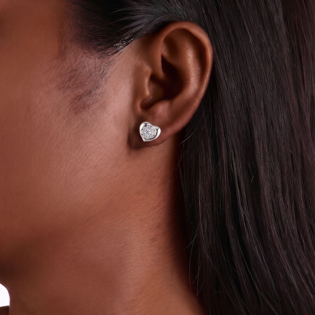 Modern Moissanite Halo Heart Stud Earrings - Silver