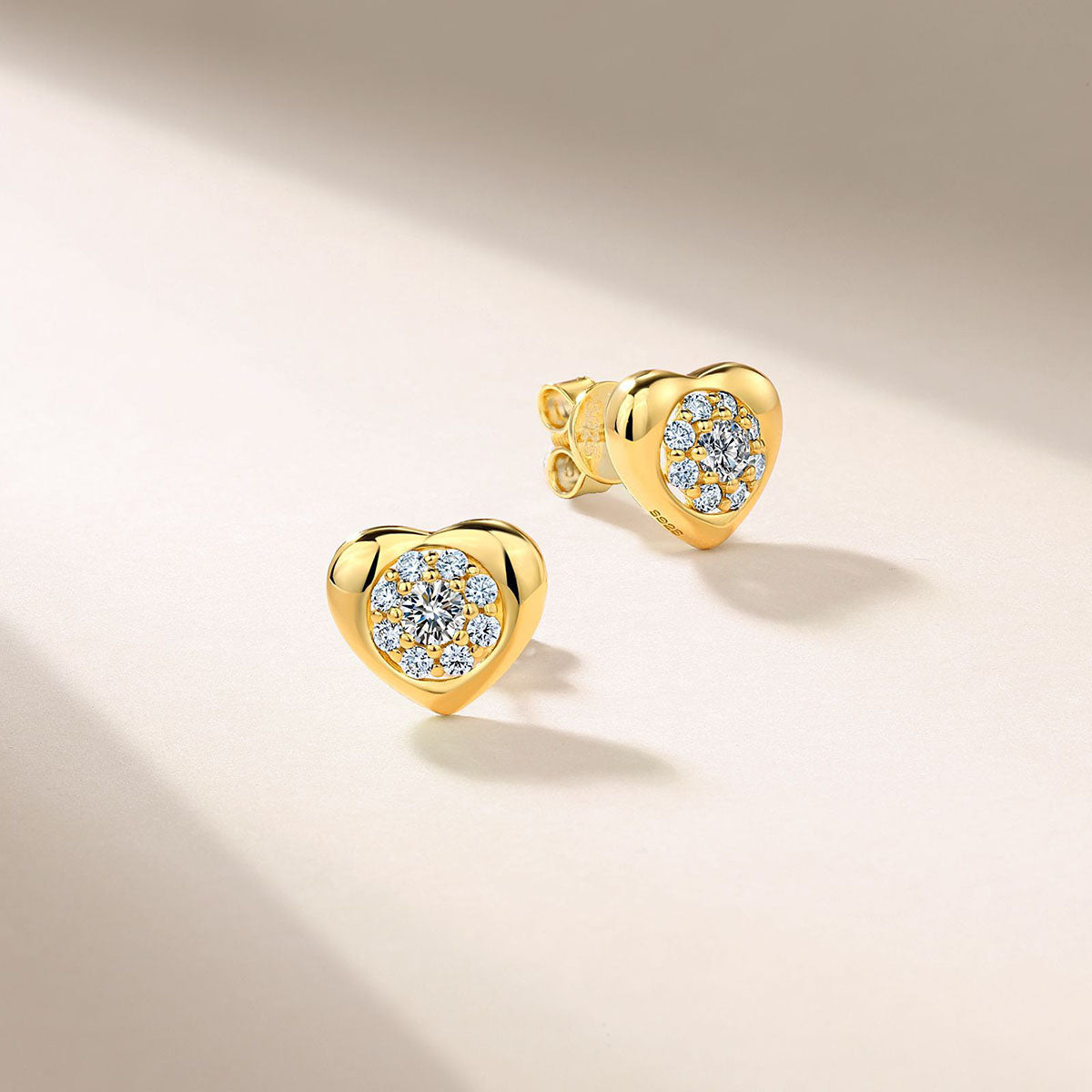 Modern Moissanite Halo Heart Stud Earrings - Gold