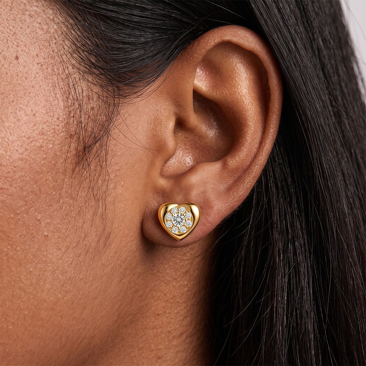 Modern Moissanite Halo Heart Stud Earrings - Gold