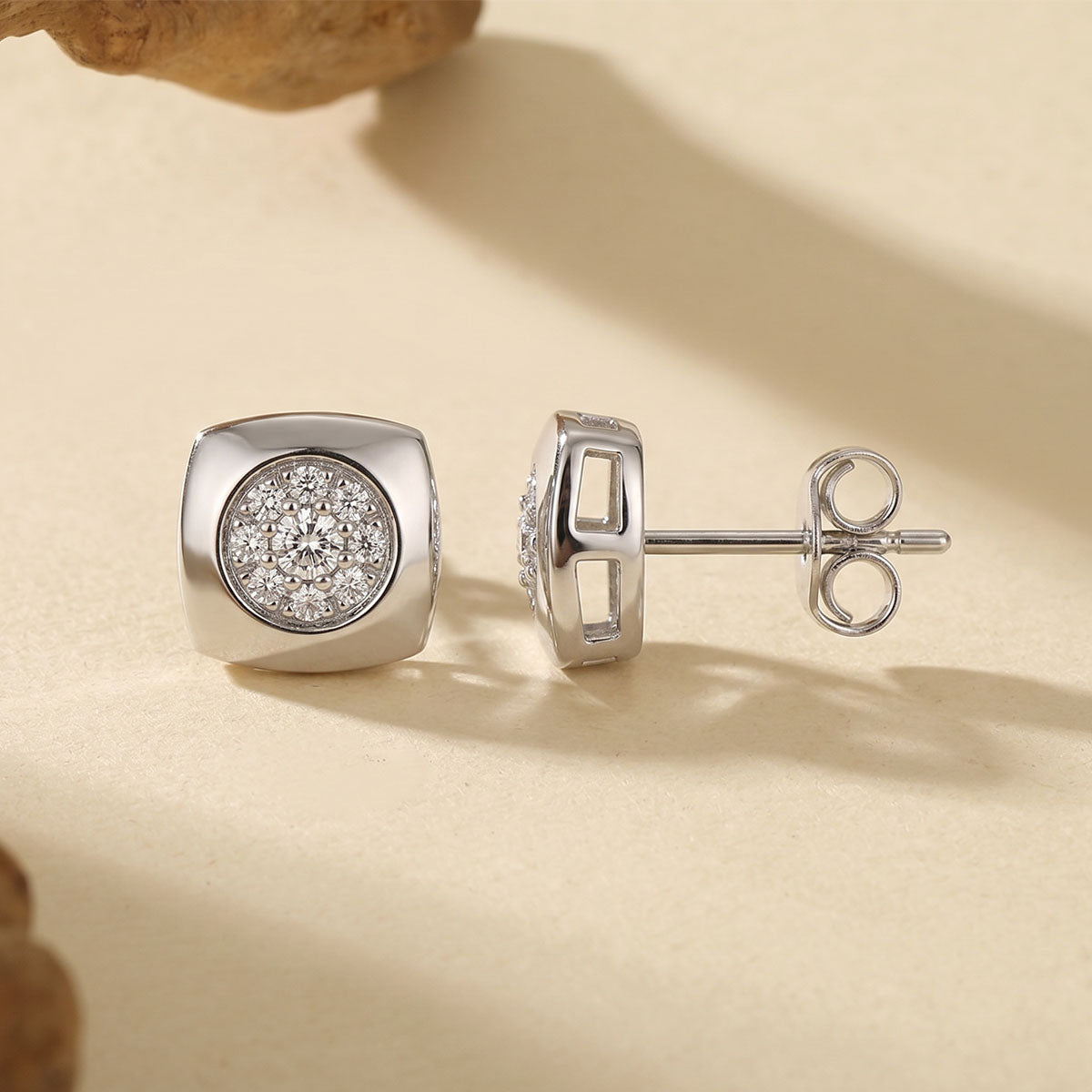 Modern Simulated Diamond Square Stud Earrings - Silver