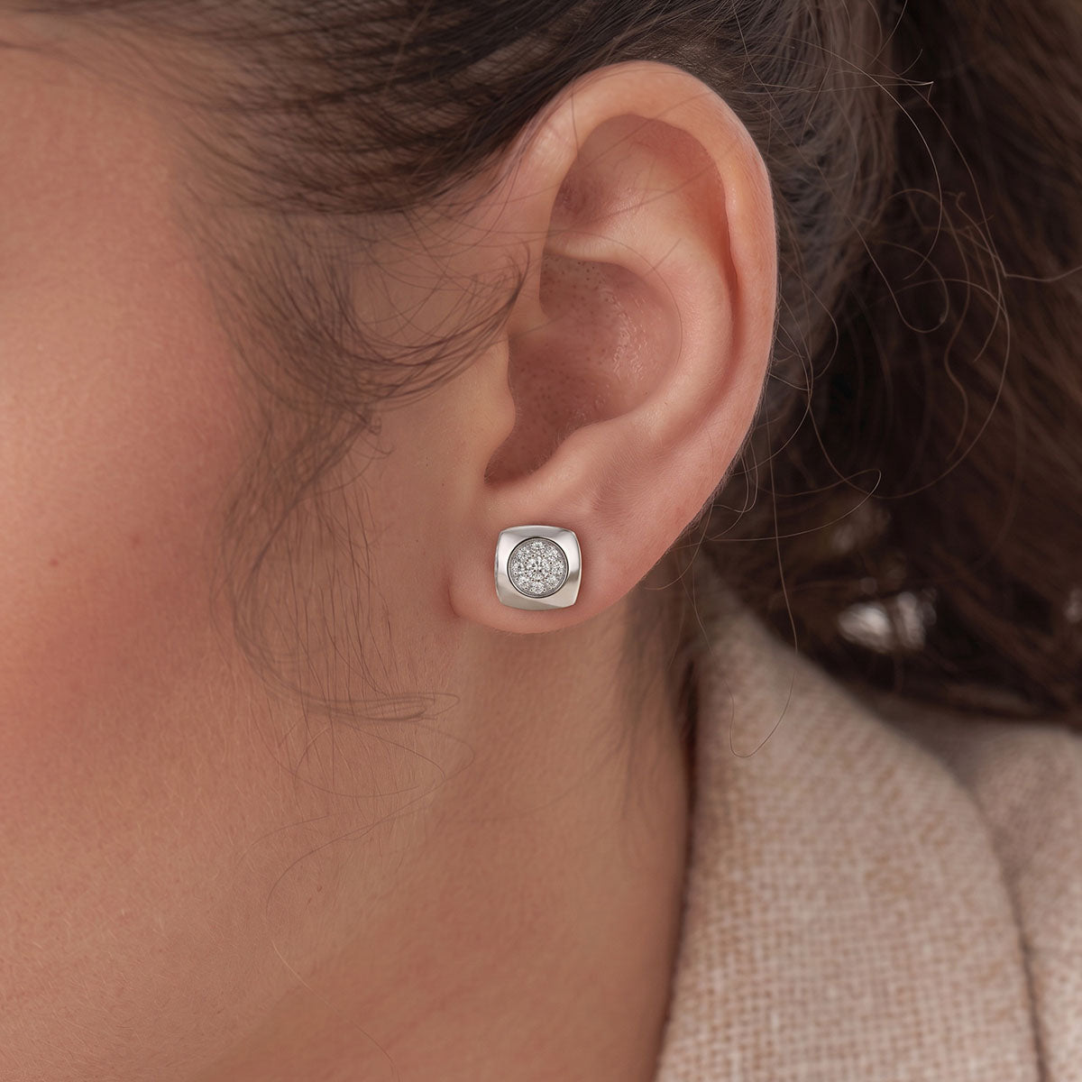Modern Simulated Diamond Square Stud Earrings - Silver