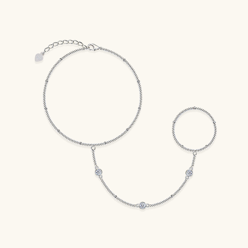 Moissanite Beaded Hand Chain Bracelet - Silver