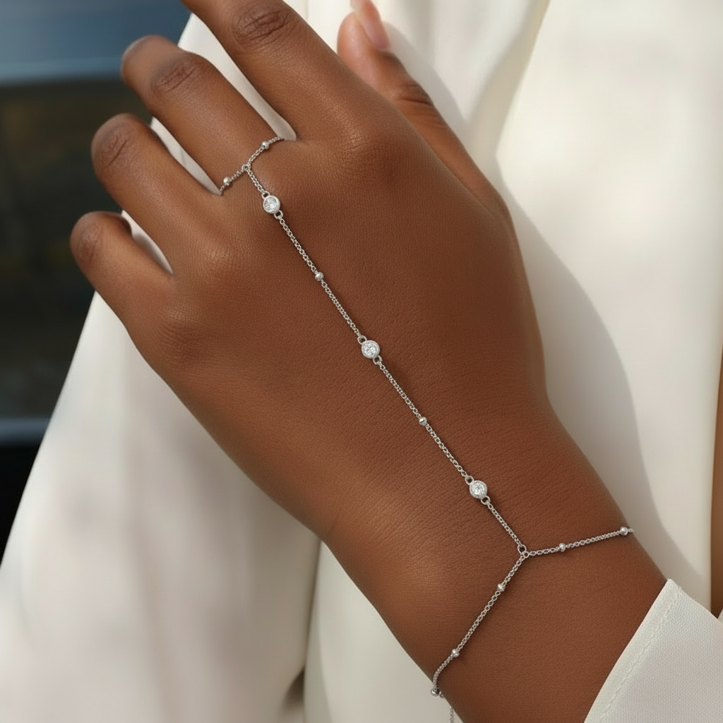 Moissanite Beaded Hand Chain Bracelet - Silver