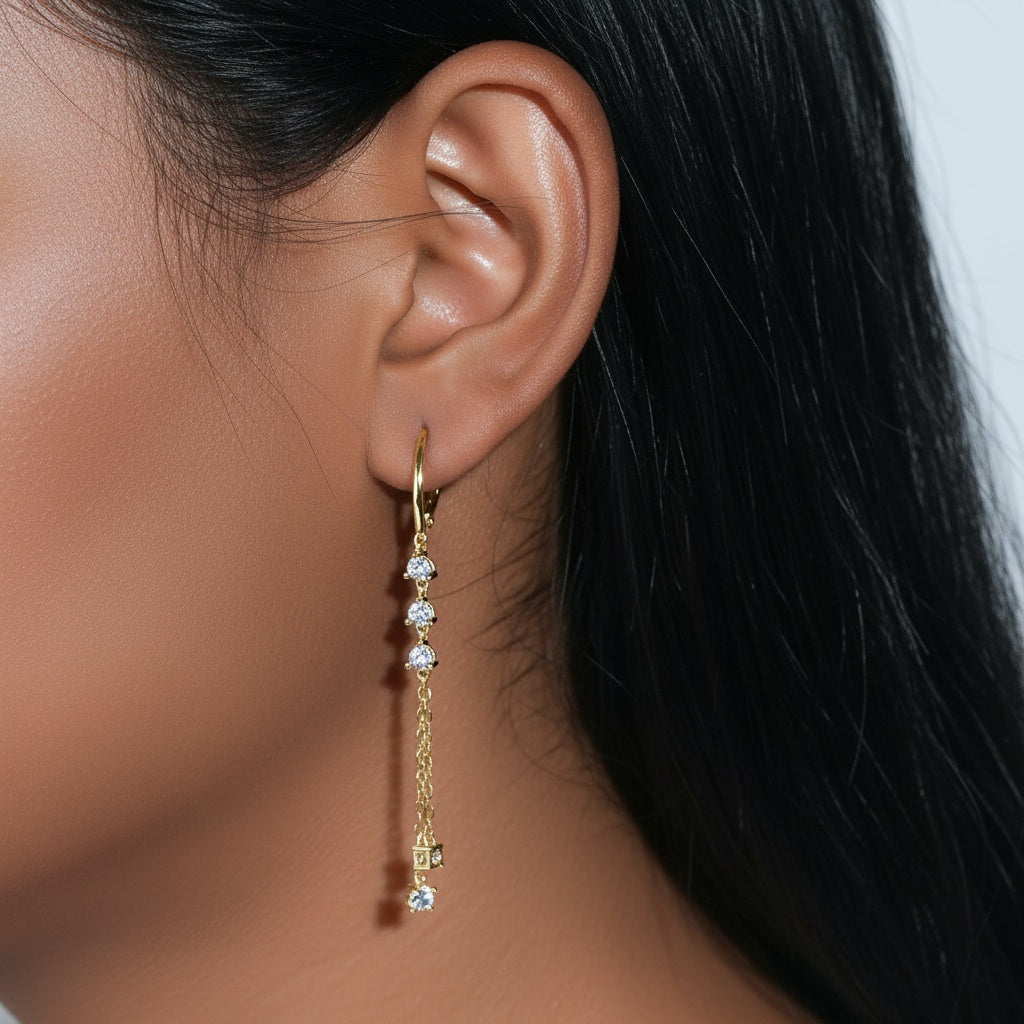 Moissanite Chain Drop Huggie Hoop Earrings - Gold