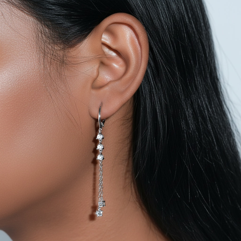 Moissanite Chain Drop Huggie Hoop Earrings - Silver