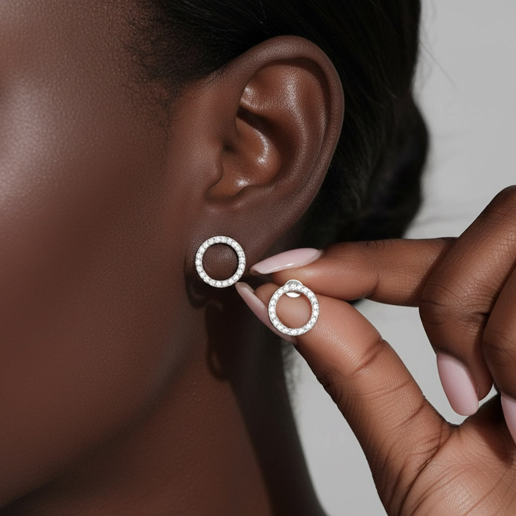 Moissanite Circle Stud Earrings - Silver