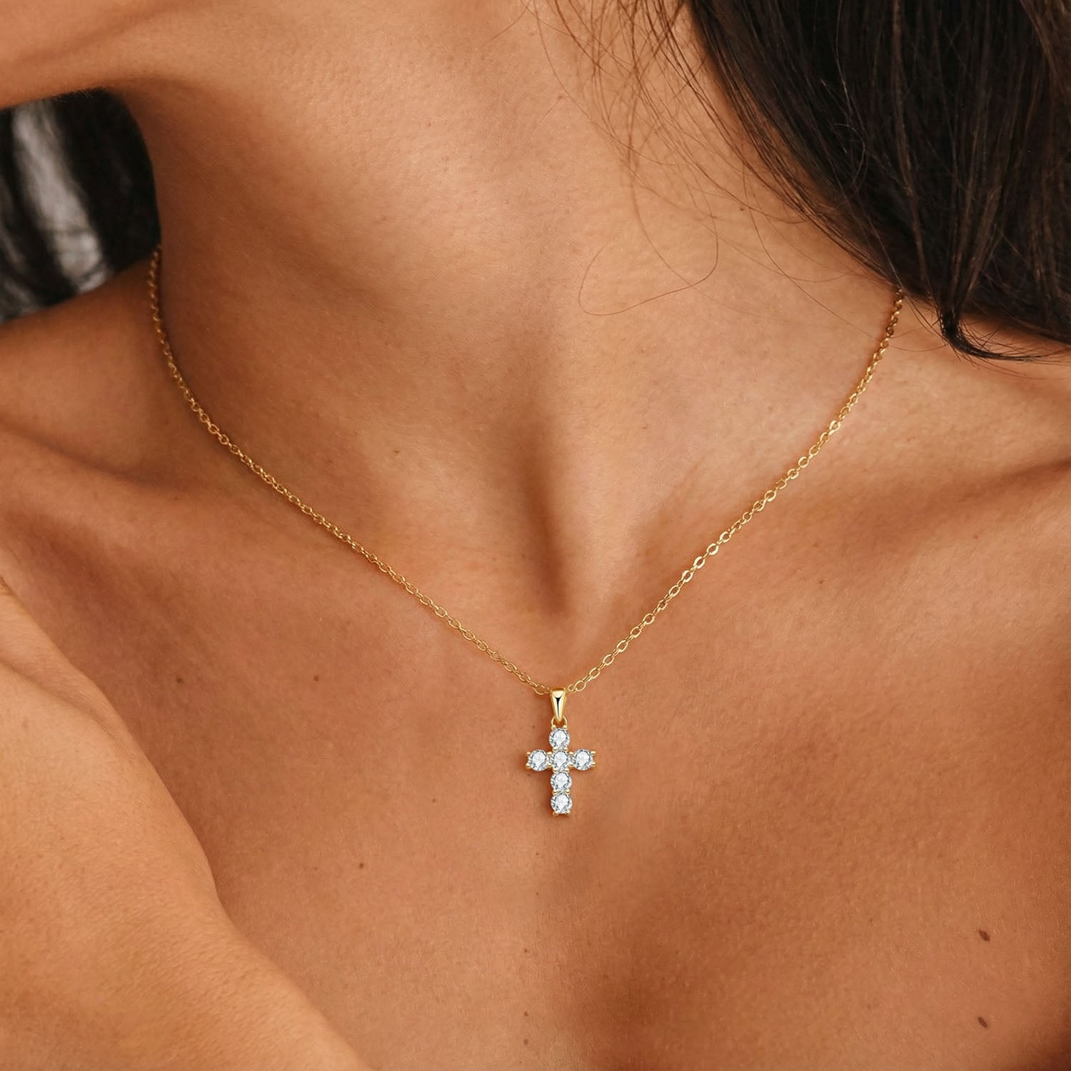 Moissanite Cross Pendant Necklace - Gold