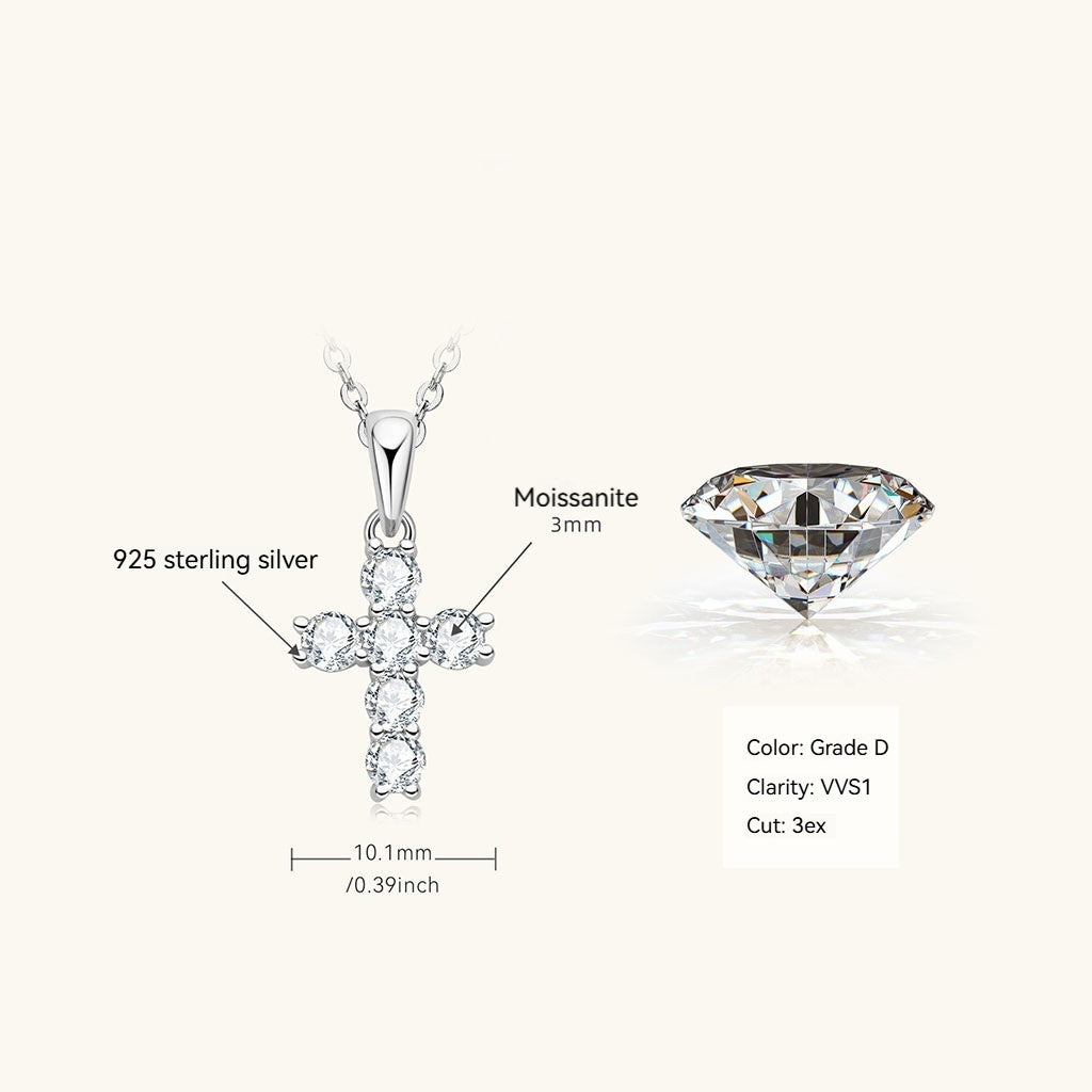 Moissanite Cross Pendant Necklace - Silver
