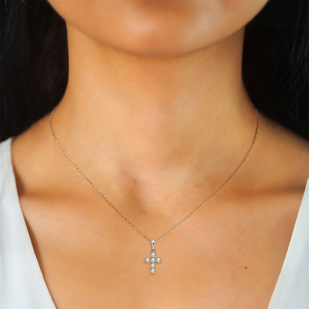 Moissanite Cross Pendant Necklace - Silver