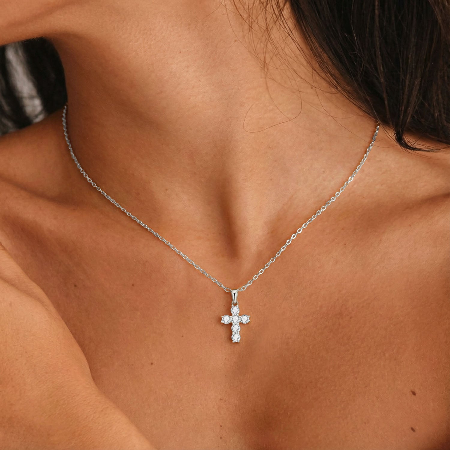 Moissanite Cross Pendant Necklace - Silver