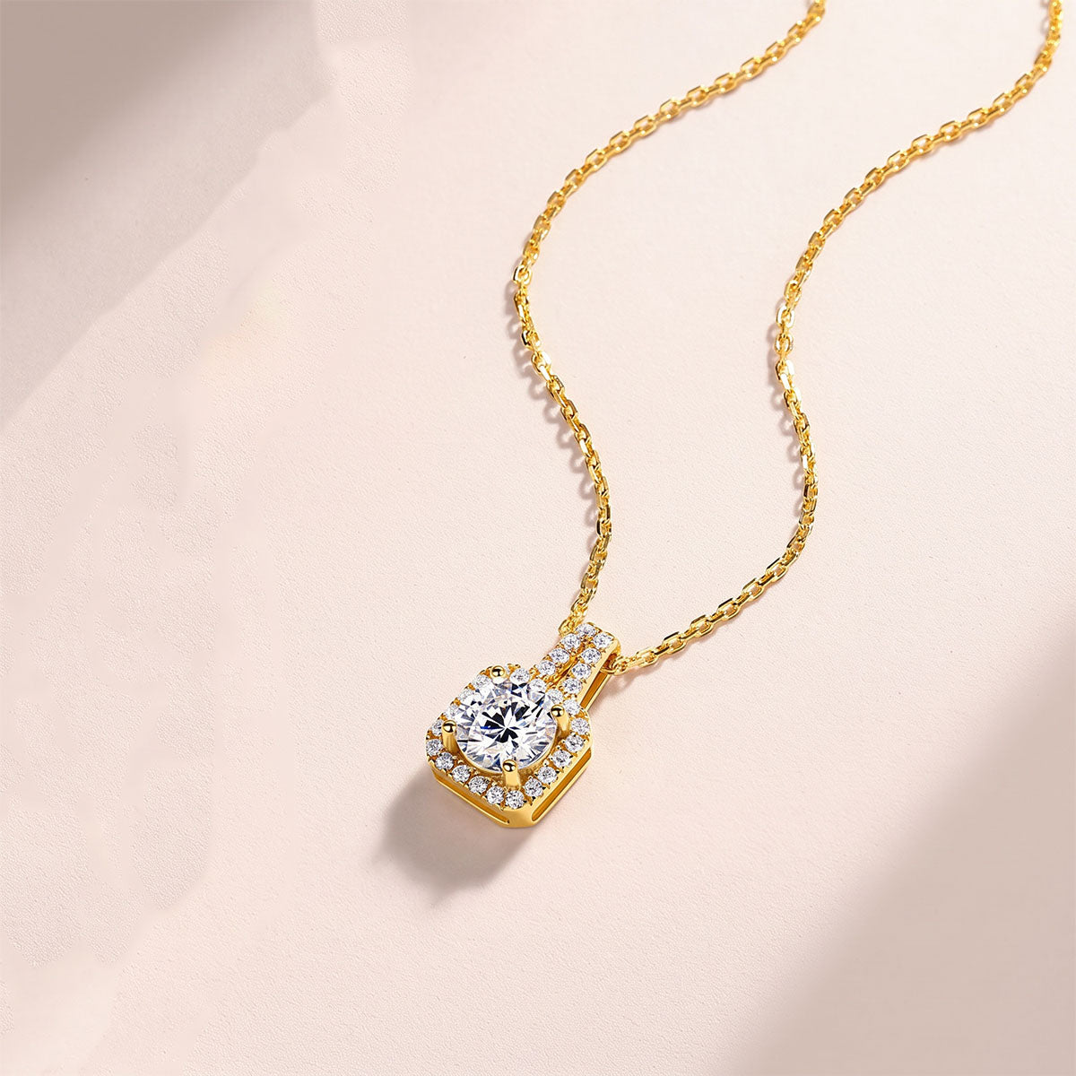 Moissanite Cushion Halo Pendant Necklace - Gold