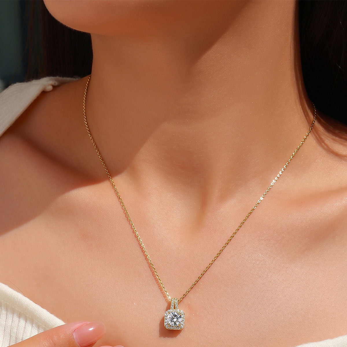 Moissanite Cushion Halo Pendant Necklace - Gold