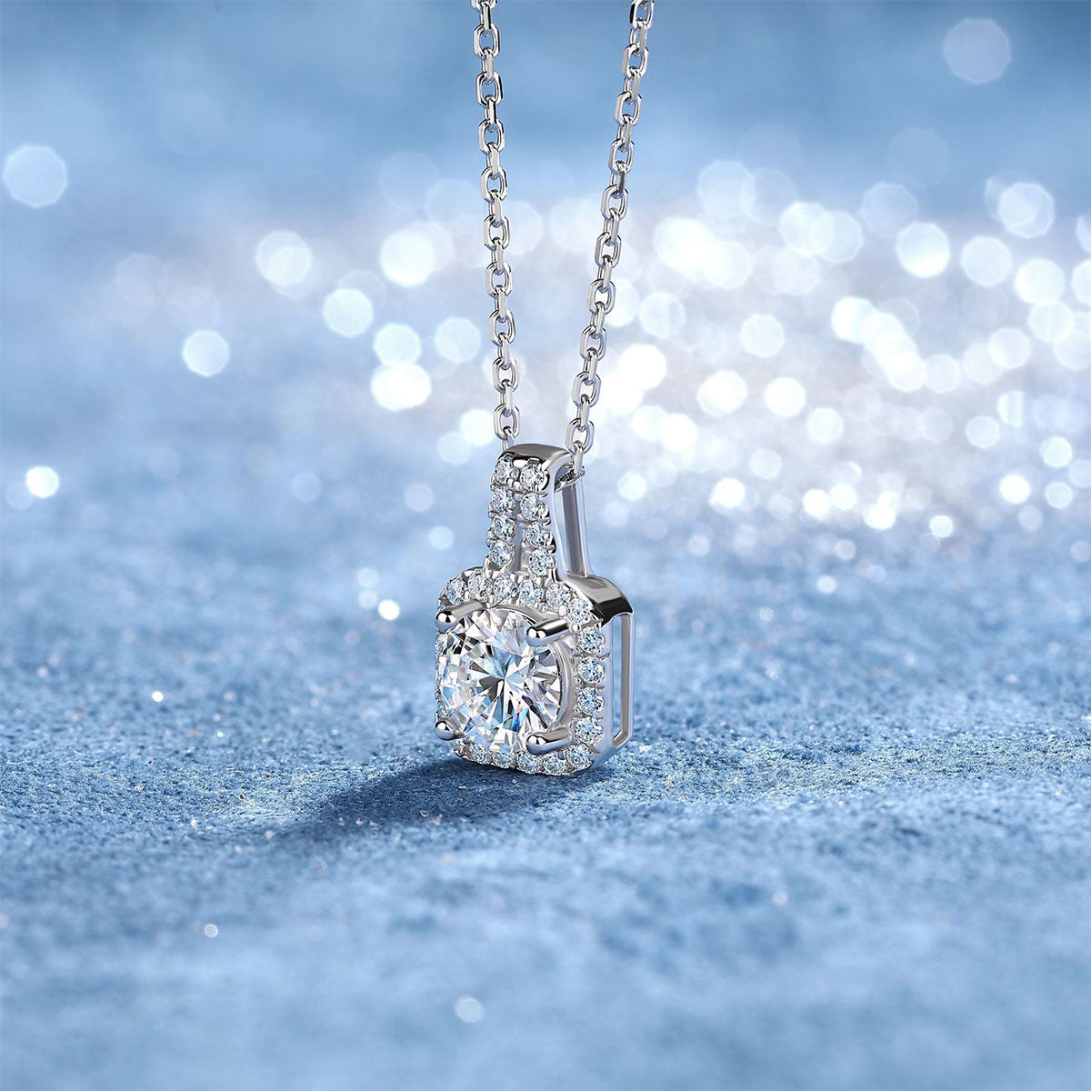 Moissanite Cushion Halo Pendant Necklace - Silver