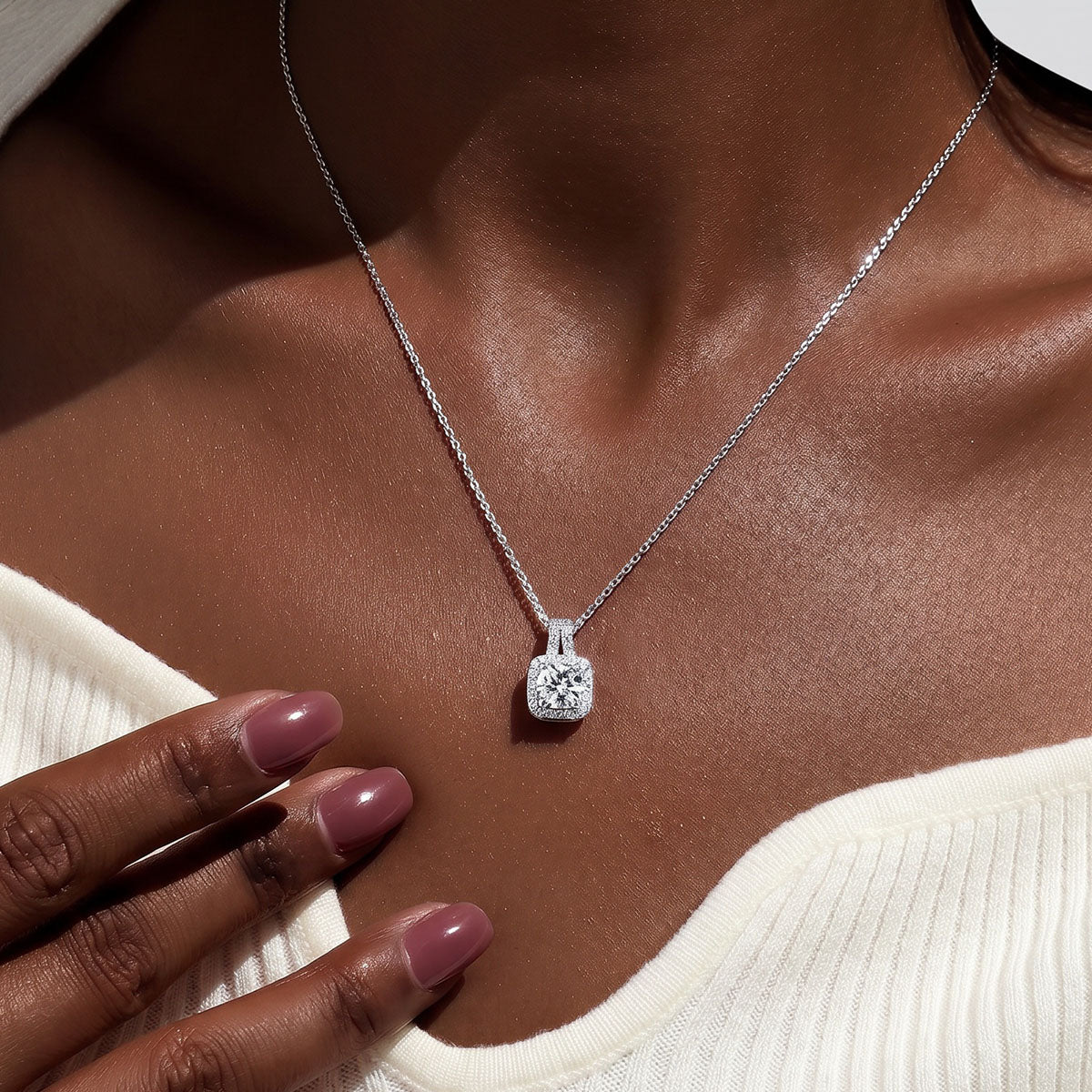 Moissanite Cushion Halo Pendant Necklace - Silver