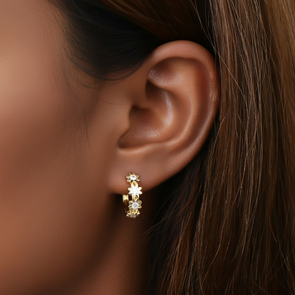 Moissanite Daisy Hoop Earrings - Gold