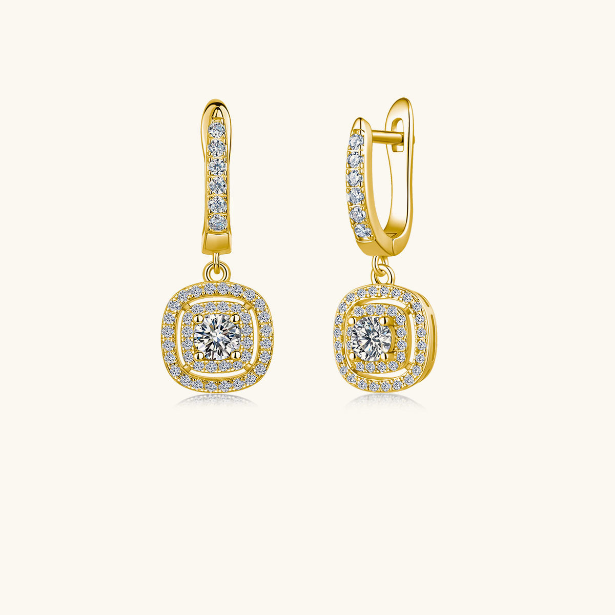Moissanite Double Cushion Halo Drop Huggie Earrings - Gold