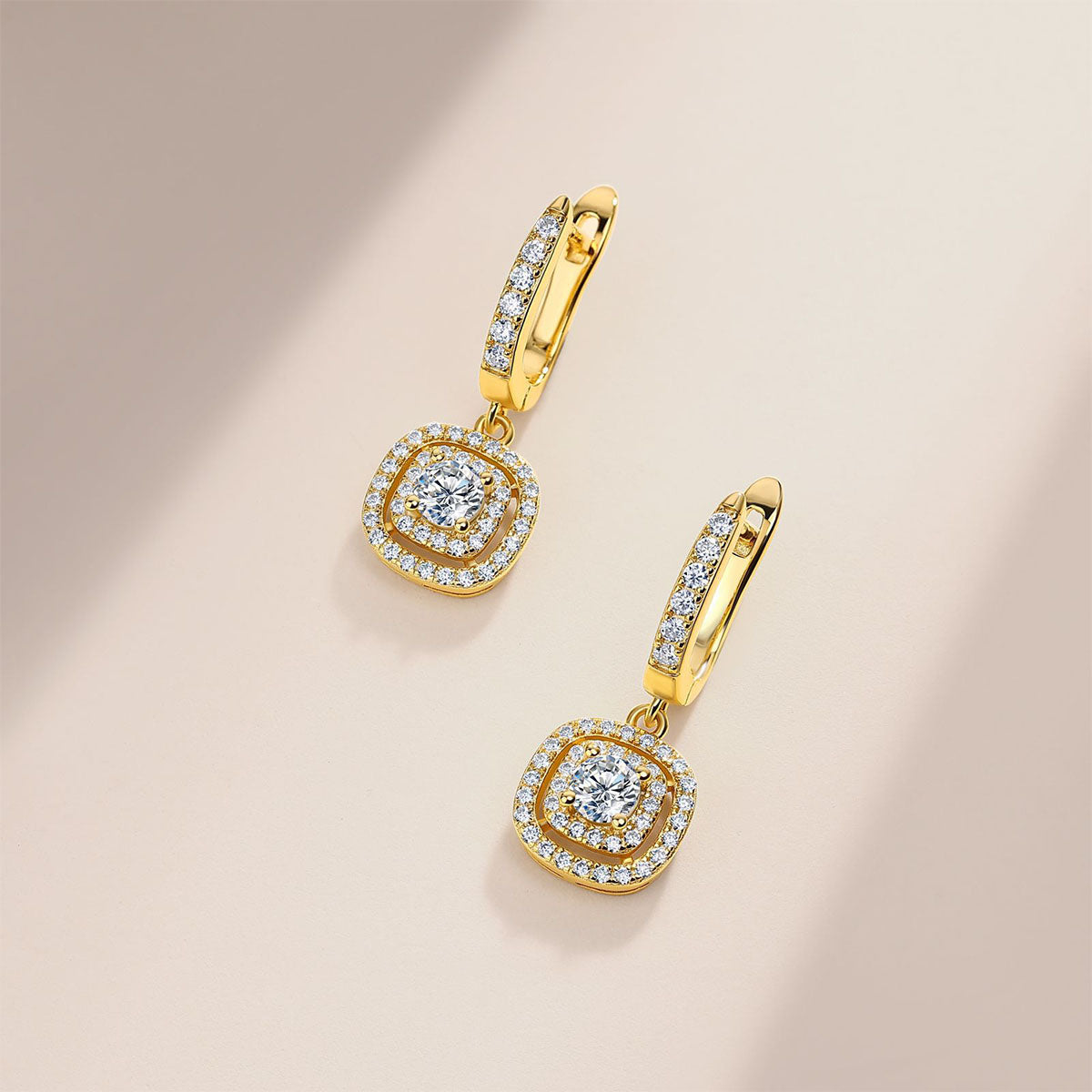 Moissanite Double Cushion Halo Drop Huggie Earrings - Gold