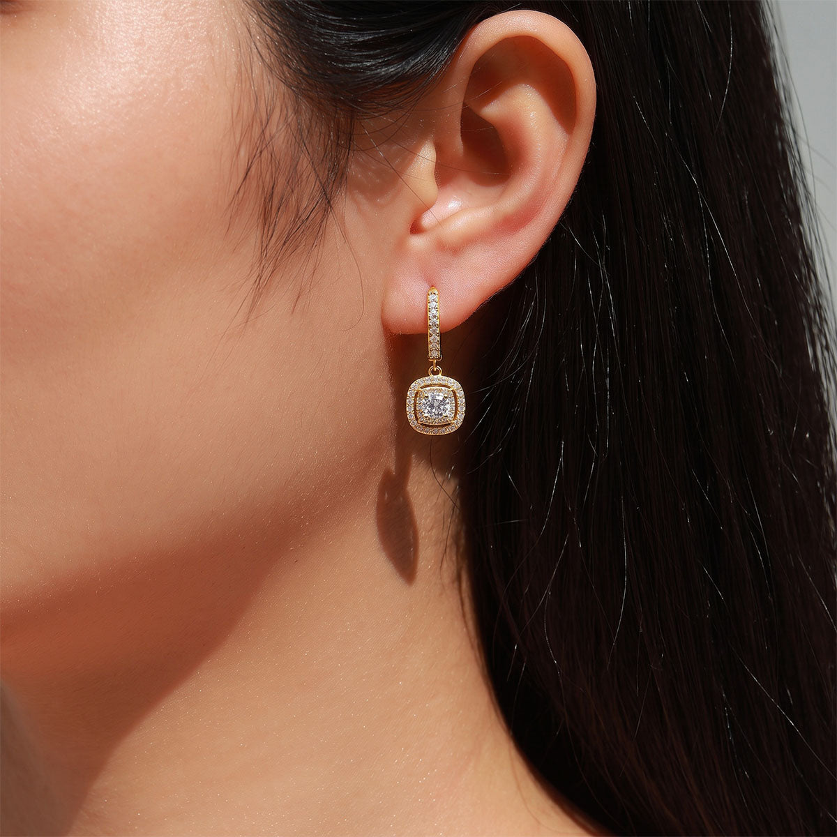 Moissanite Double Cushion Halo Drop Huggie Earrings - Gold