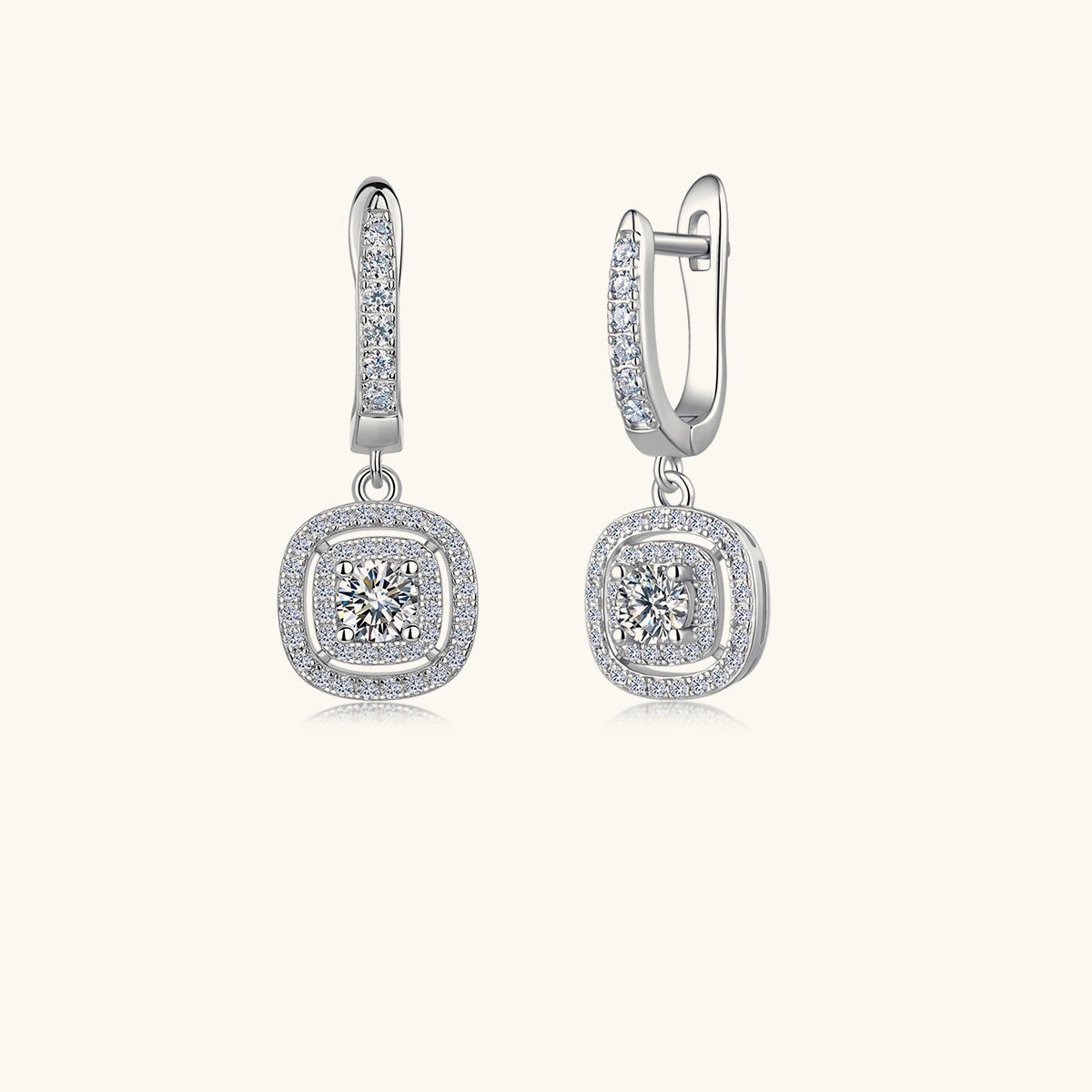 Moissanite Double Cushion Halo Drop Huggie Earrings - Silver