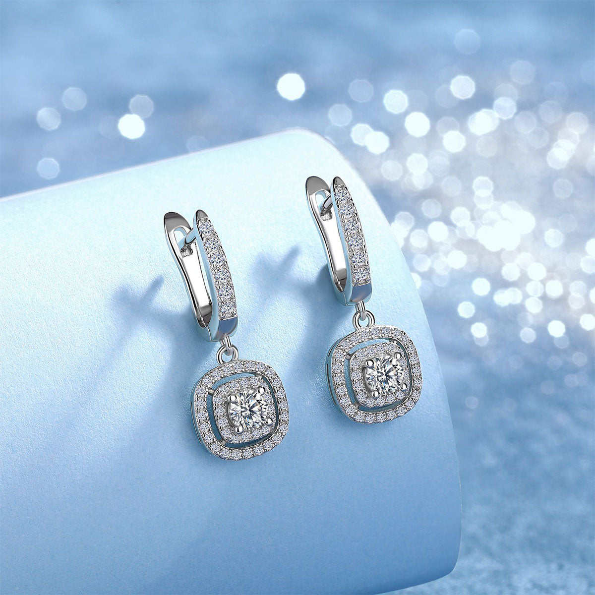 Moissanite Double Cushion Halo Drop Huggie Earrings - Silver