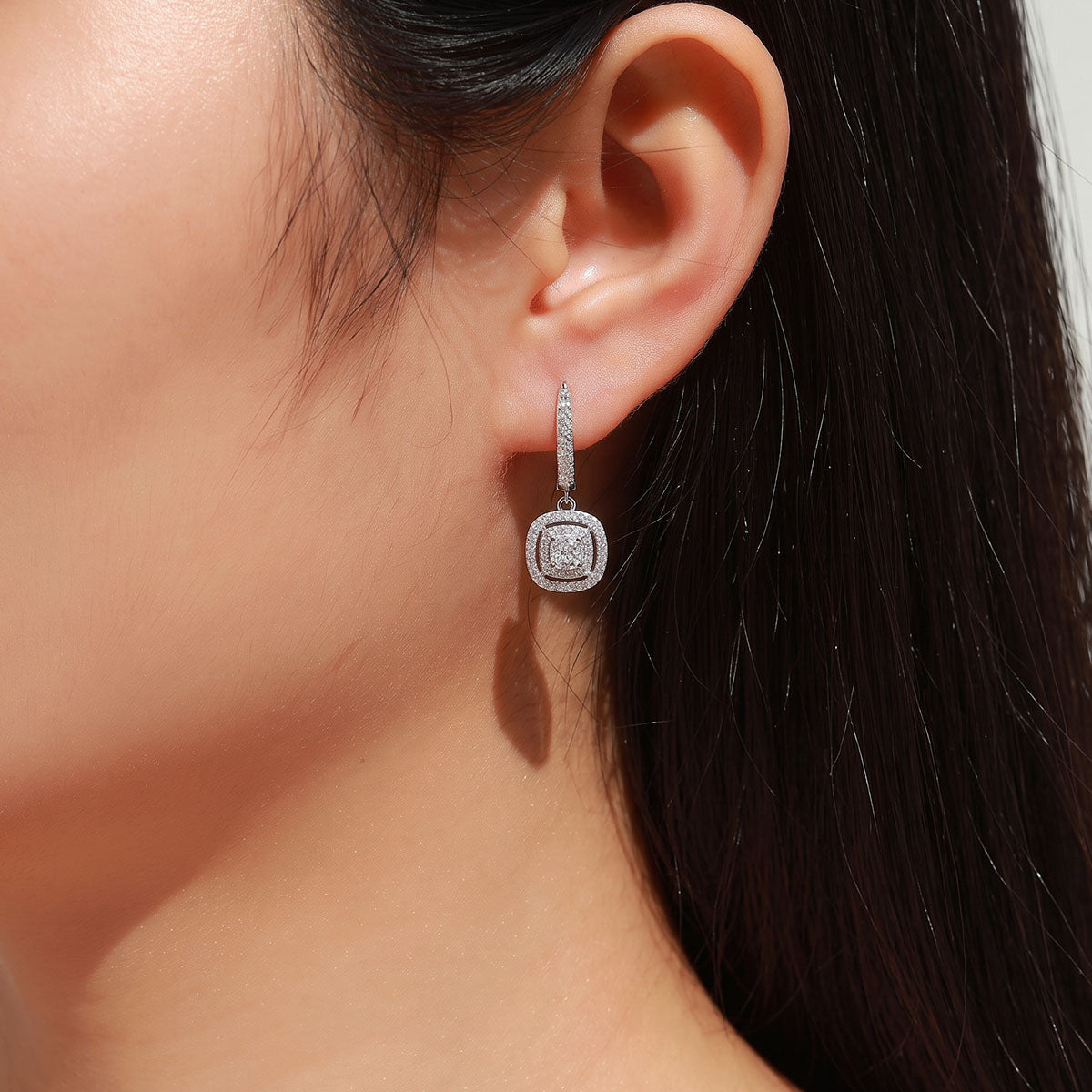 Moissanite Double Cushion Halo Drop Huggie Earrings - Silver