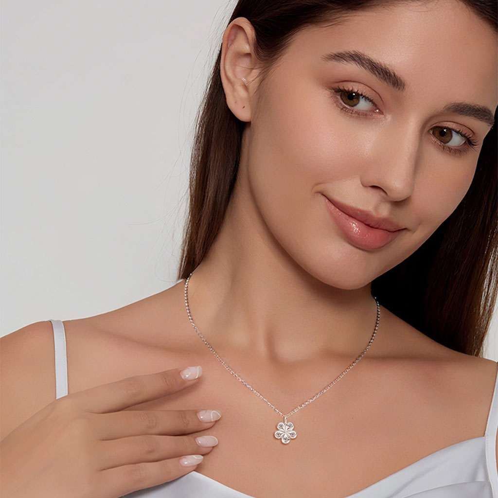 Moissanite Floral Pendant Necklace - Silver