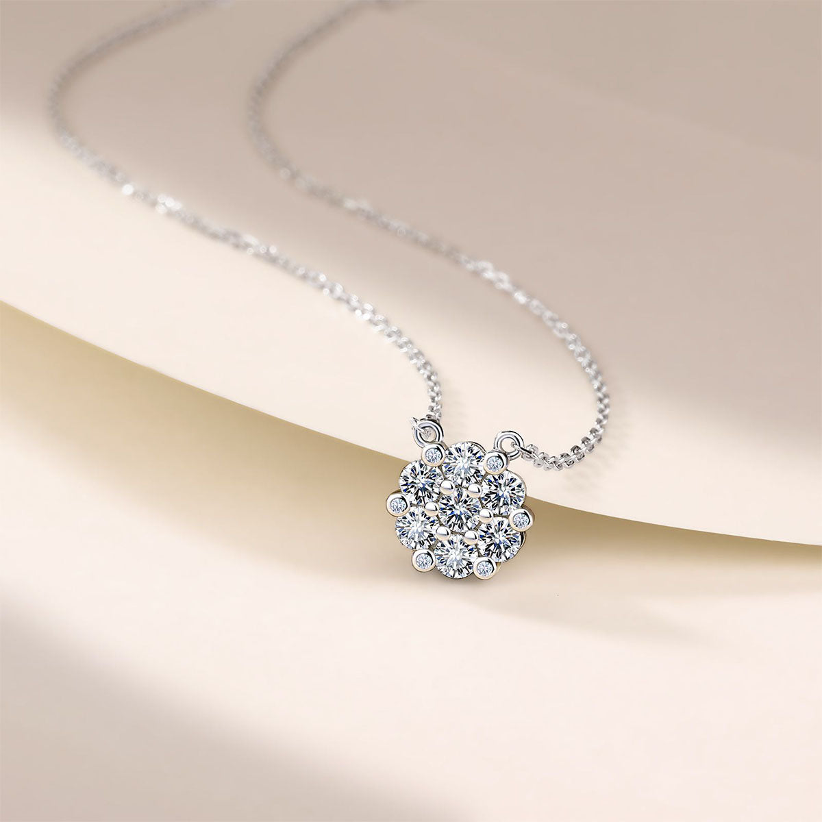 Moissanite Flower Cluster Pendant Necklace - Silver
